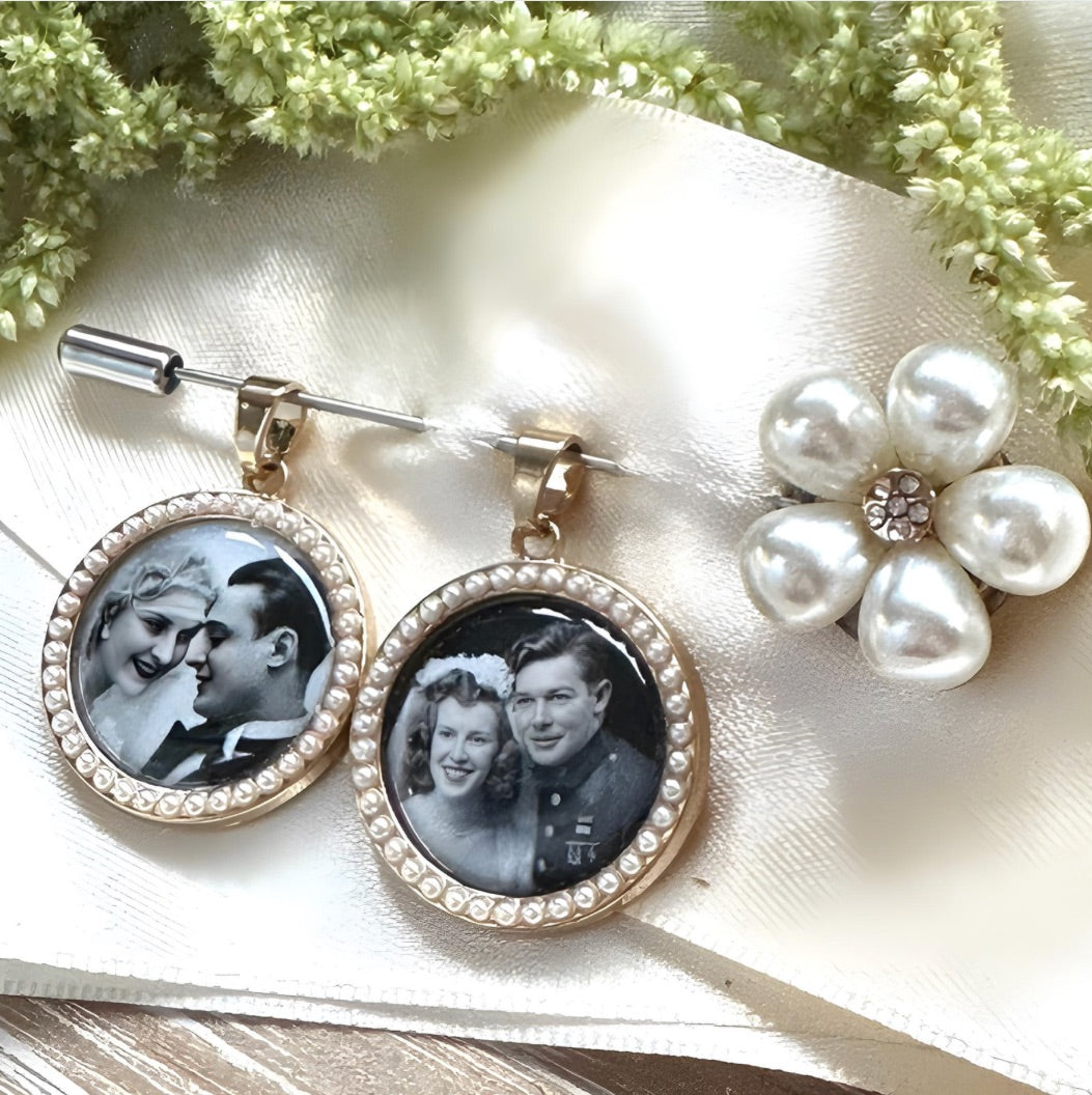 Pearl Flower Pin with Pearl Embellished Round Pendant, Champange Gold