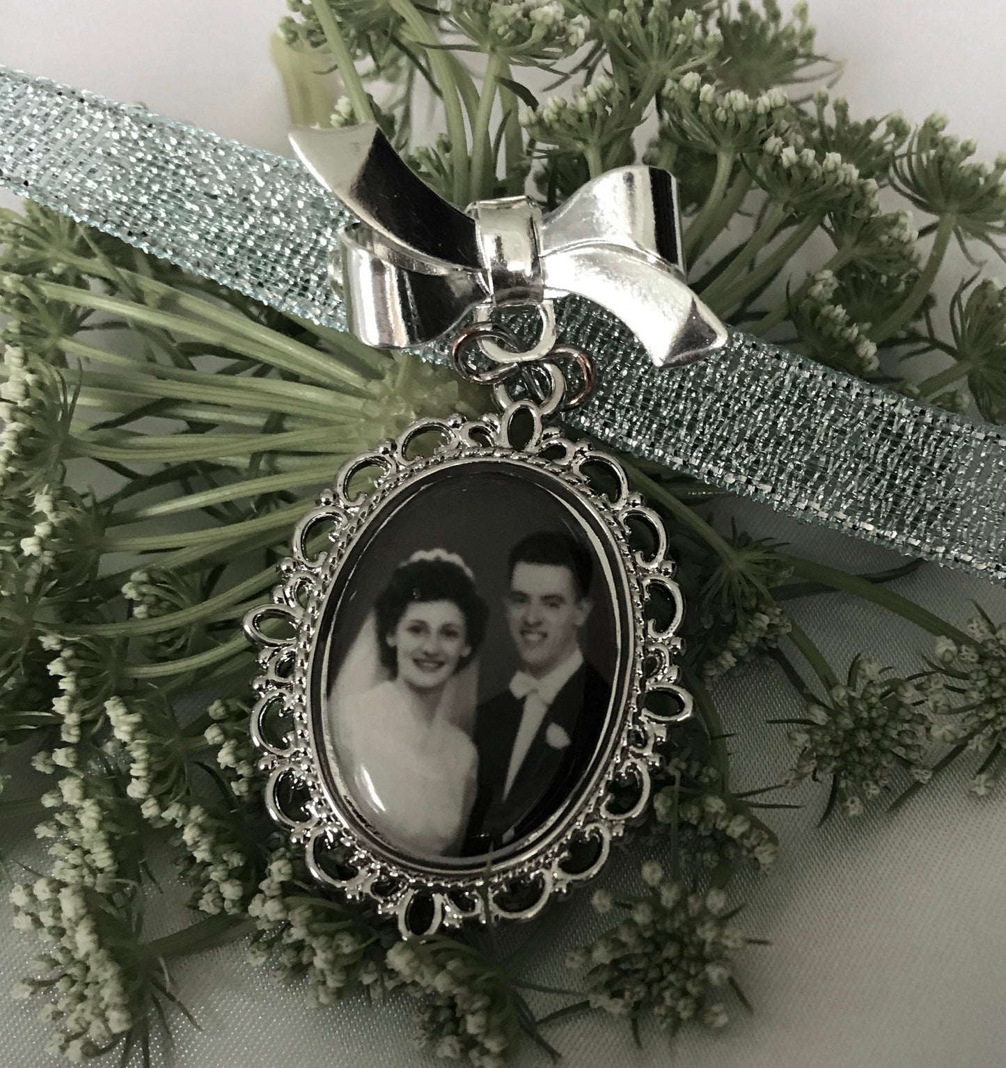 Bow pin use to attach Photo charms to your wedding bouquet - Silver, Rose Gold, or Bronze - Brooch pin and bail