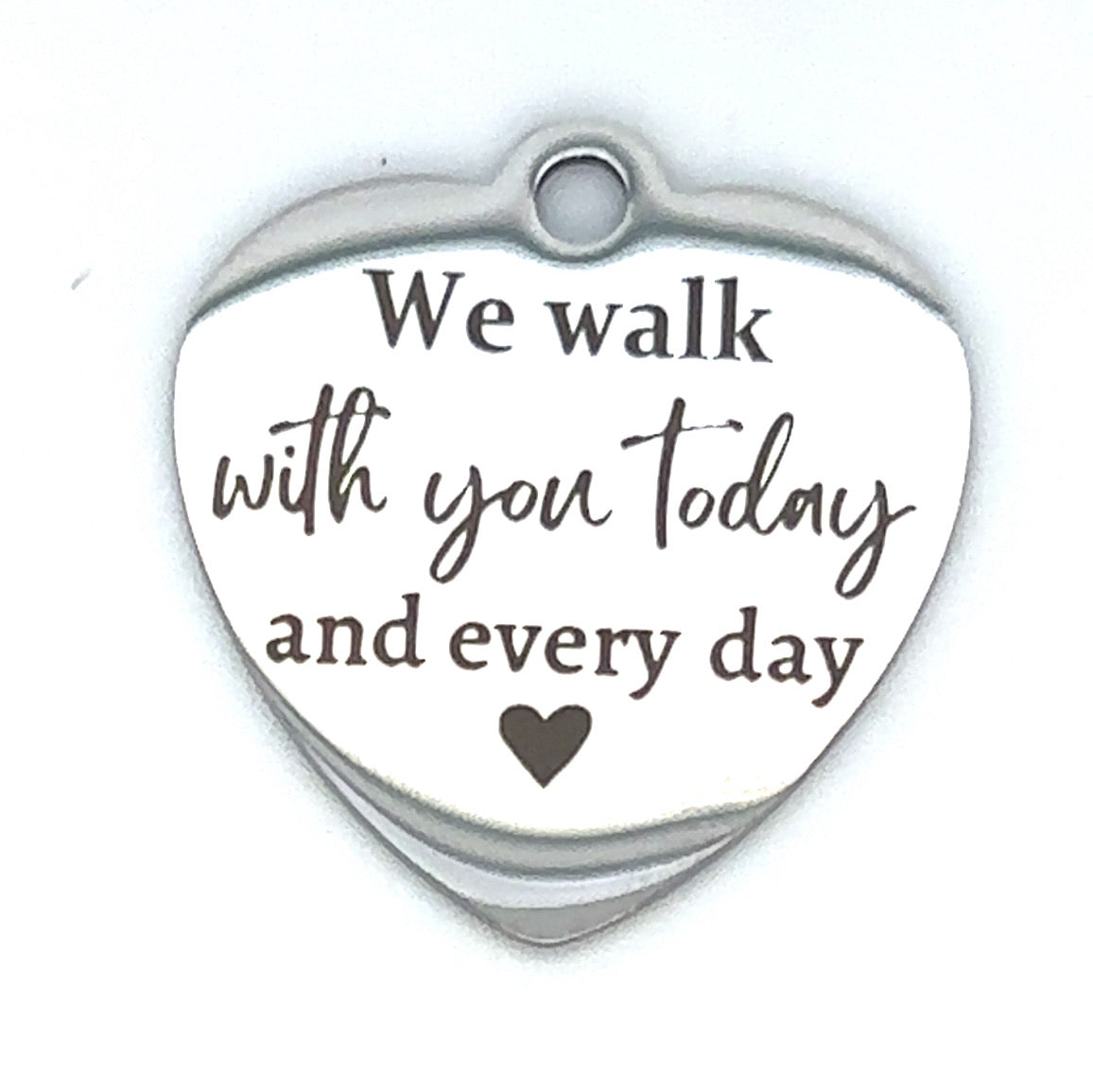 "We Walk With You" Heart Engraved Saying Charm, Antique Silver