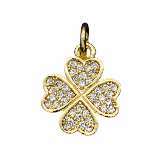 Gold four-leaf clover charm with sparkling crystals, ideal for necklaces and bracelets