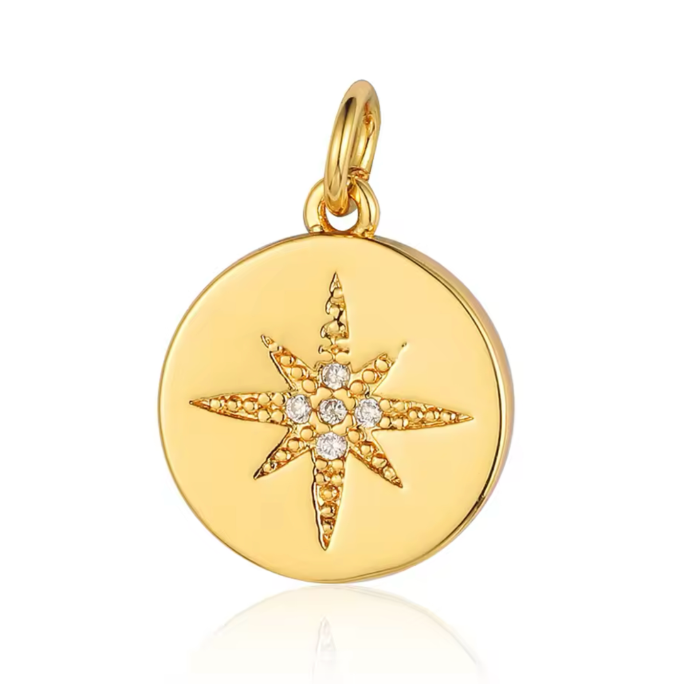 Gold star medallion charm with crystal accents, perfect for necklaces and bracelets.