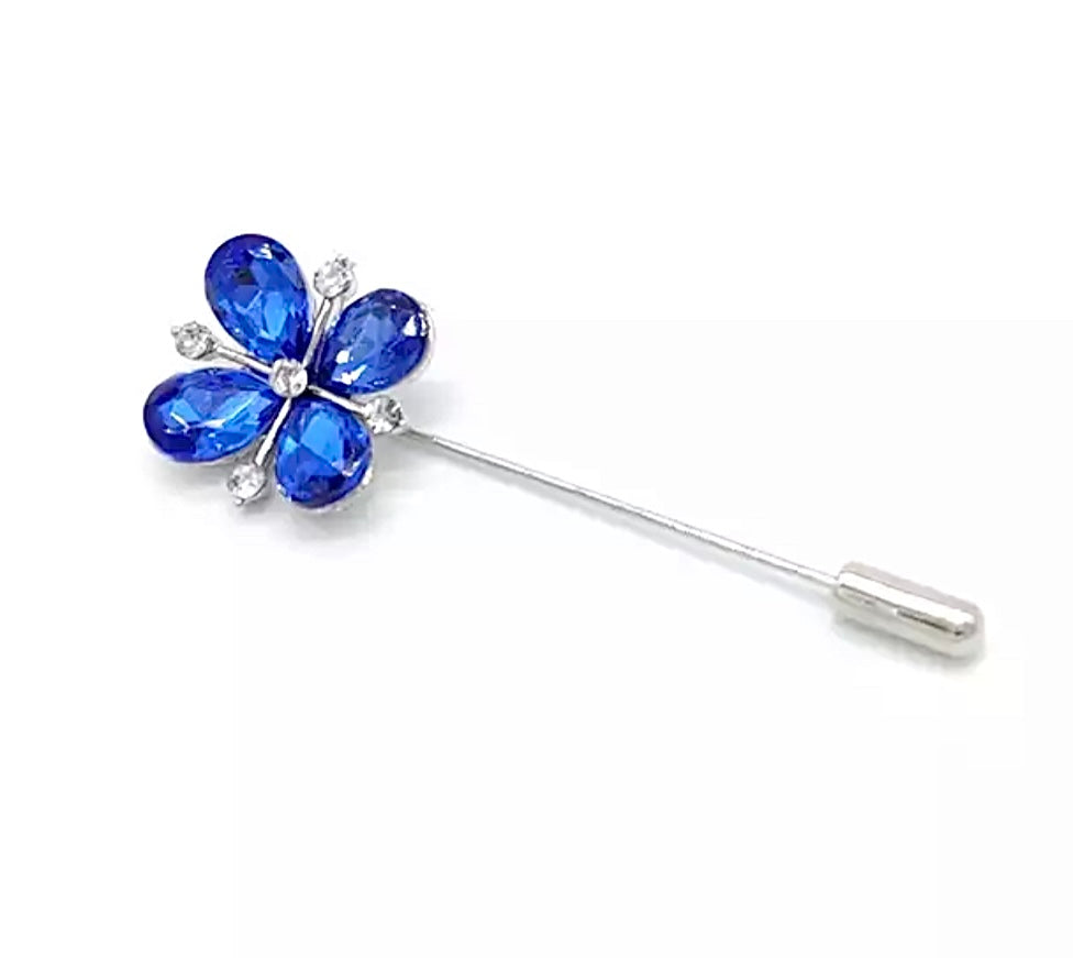 Blue Flower Pin Rhinestone Silver