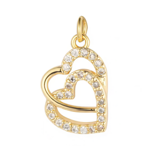 Gold Double Heart Charm with Crystals – Romantic Pendant for Jewelry Making