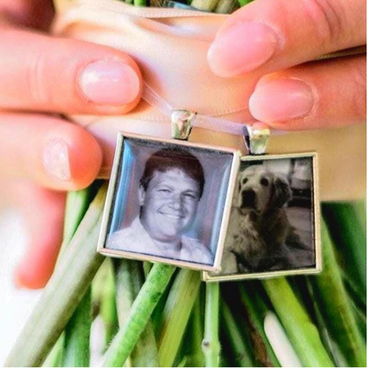 square pendants for wedding bouquets.  Antique silver