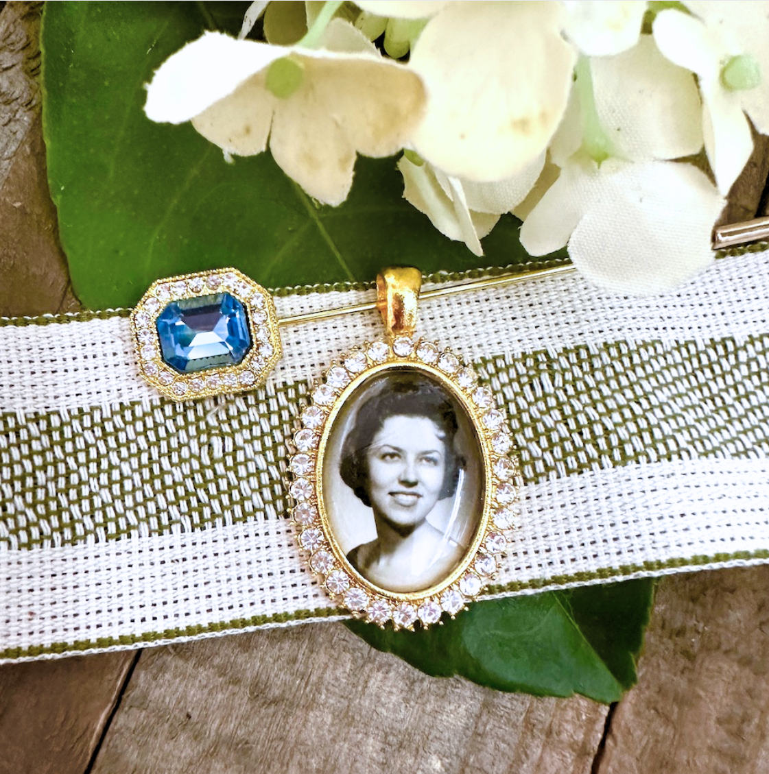 something gold rhinestone  blue photo memory charm for bride 