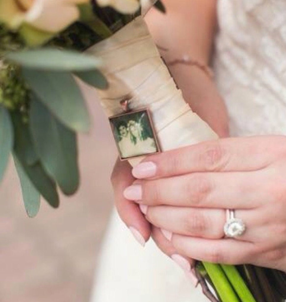 Walk me down the aisle - Wedding Jewelry charms to hang from bouquet - Square Photo memory pendant for keepsake includes everything you need