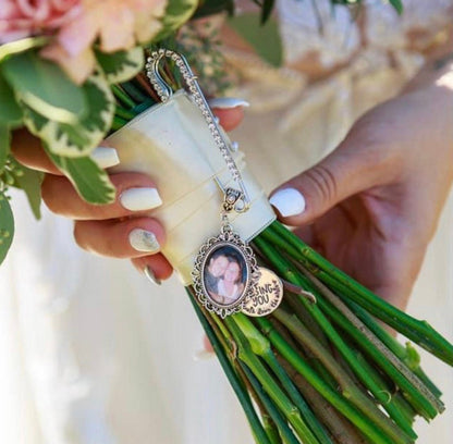 Custom Wedding Something Blue photo Memory charm and brooch for brides bouquet Gift for wedding bridal shower - Remembering Loved ones