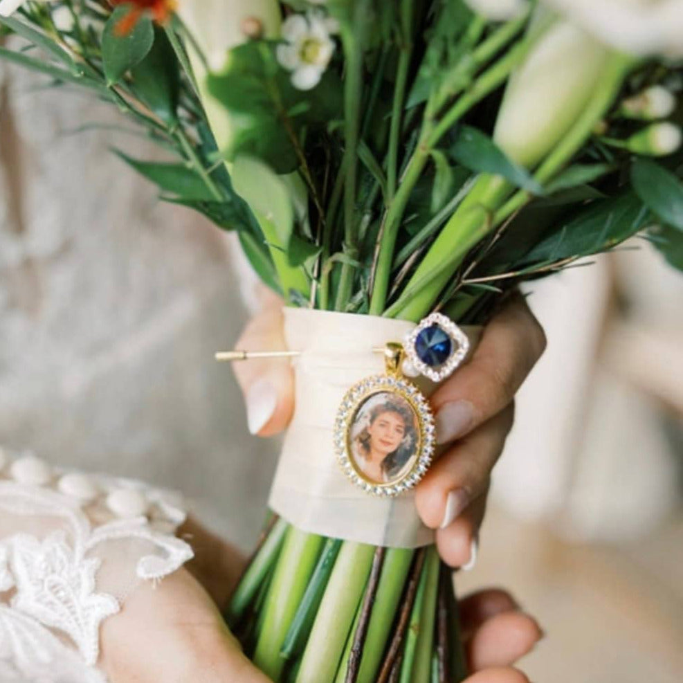 Custom Wedding Something Blue photo Memory charm to attach to bride bouquet Gift for wedding bridal shower - Remembering Loved ones