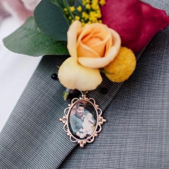 Personalized Rose Gold Grooms Boutonniere Memorial Wedding Photo charm Keepsake -- Great gift for groomsman 