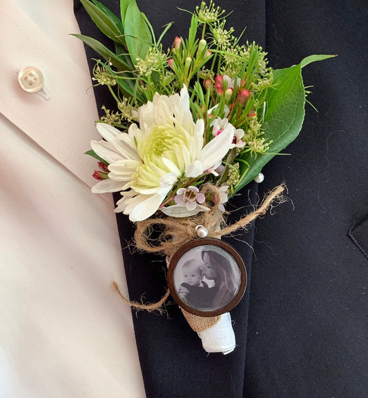 Grooms Boutonniere Memorial Wedding Photo charm Keepsake - Carry the memory of your loved ones - Great gift for groomsman DIY or Custom Made