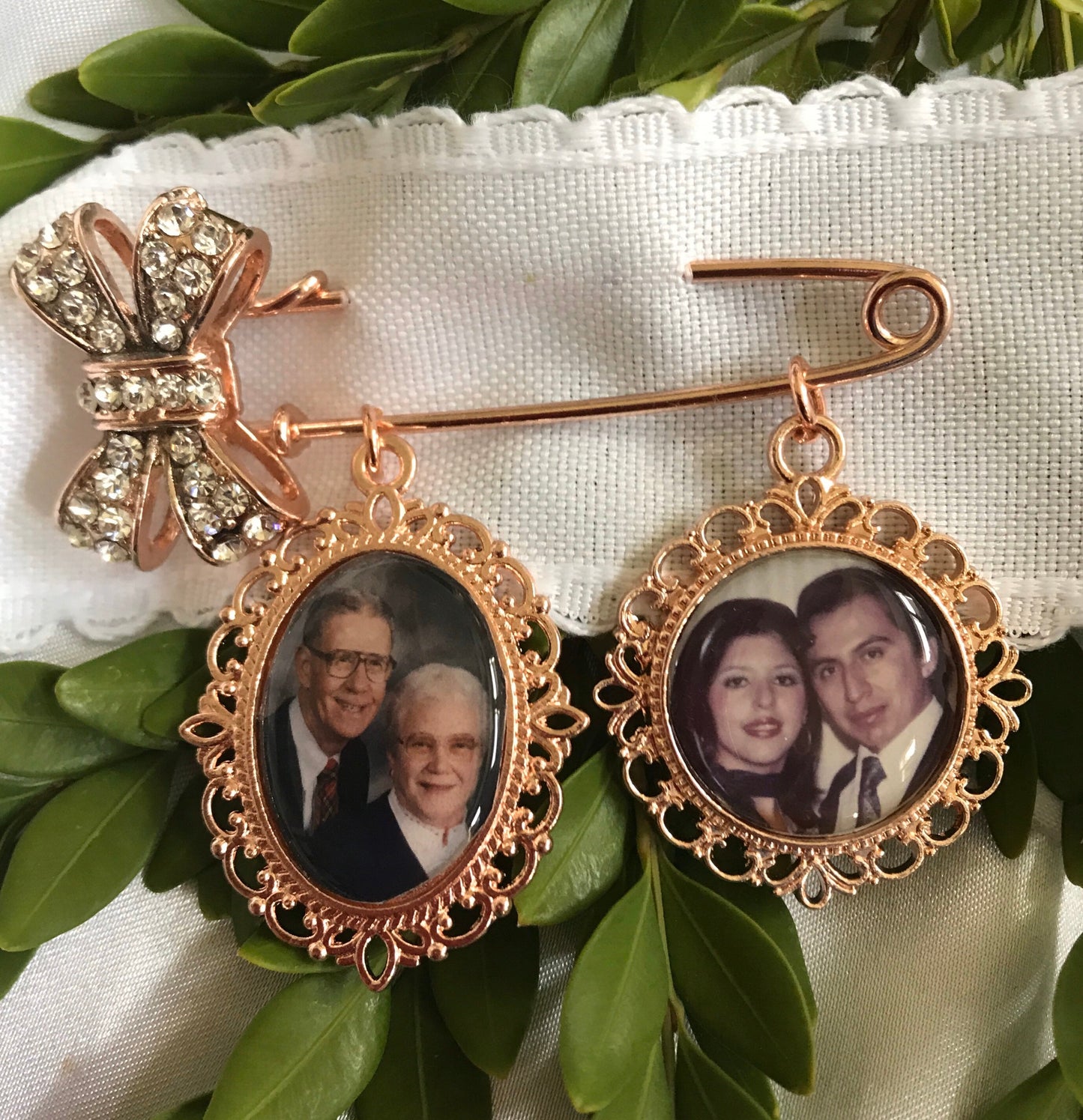 Large pin use to attach Photo charms to your wedding bouquet - Silver and Rose Gold with Rhinestones - Wedding brooch in Memory of