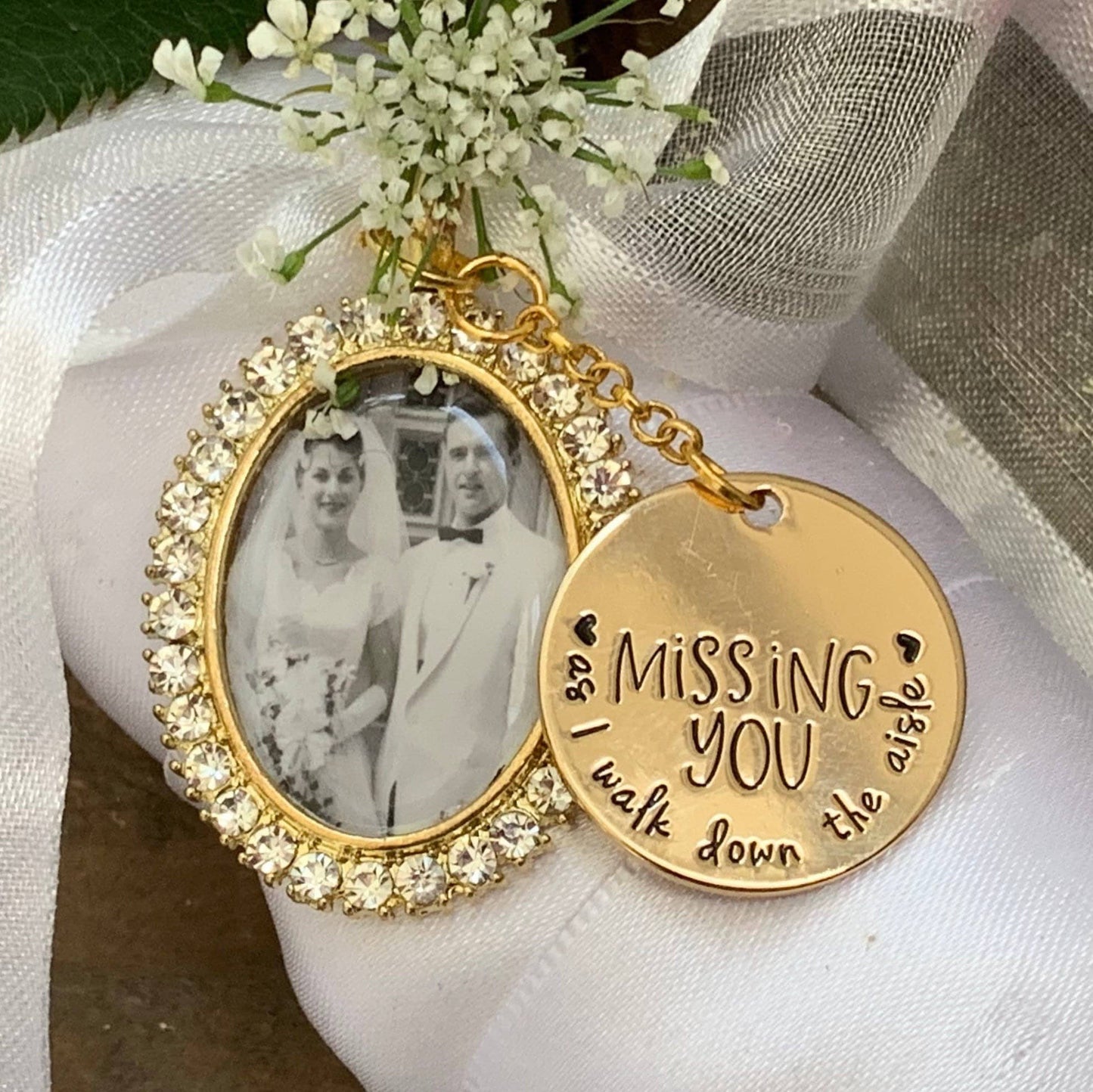 Custom Wedding Something Blue photo Memory charm to attach to bride bouquet Gift for wedding bridal shower - Remembering Loved ones